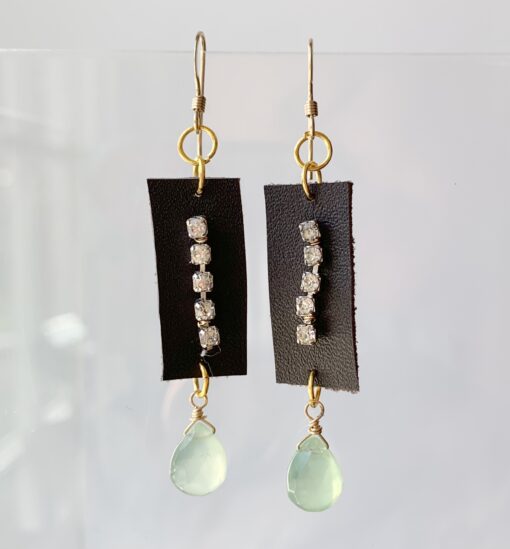 Leather, Chalcedony & Vintage Rhinestone Earrings