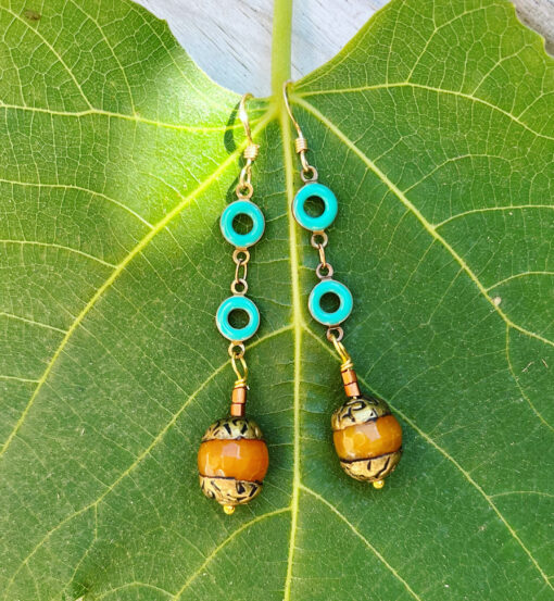 Tibetan Bead & Enamel Chain Earrings - Image 2