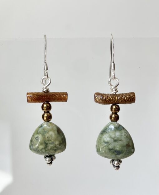 Golden Coral & Green Stone Earrings