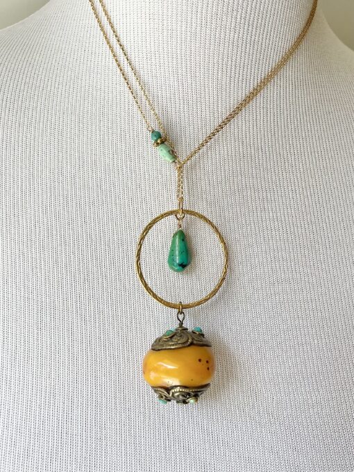 Long Tibetan Amber & Turquoise Necklace - Image 3