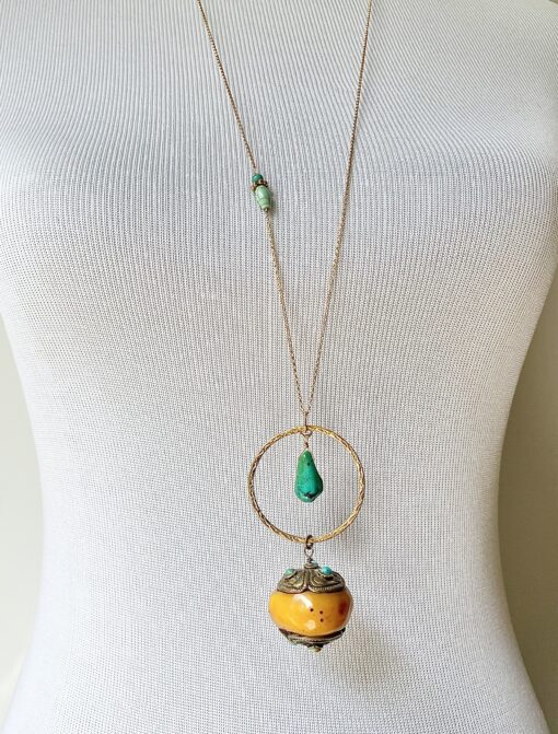Long Tibetan Amber & Turquoise Necklace