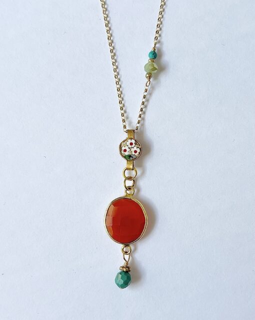 Vintage Italian Floral Mosaic & Carnelian Dangle Necklace