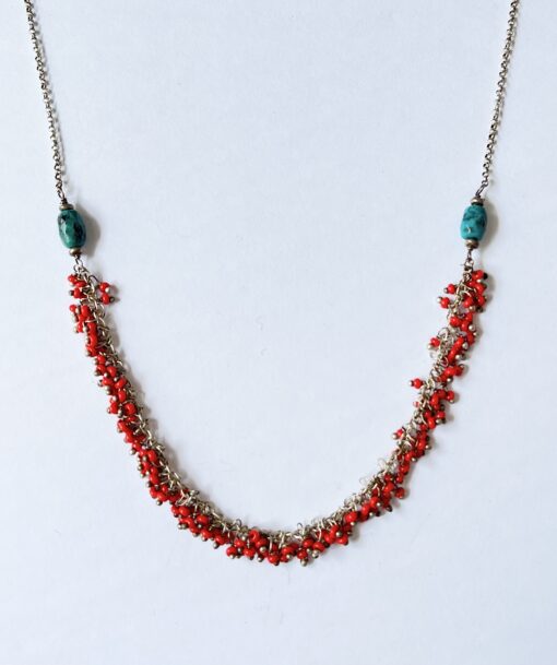 Turquoise & Red Fringe Necklace