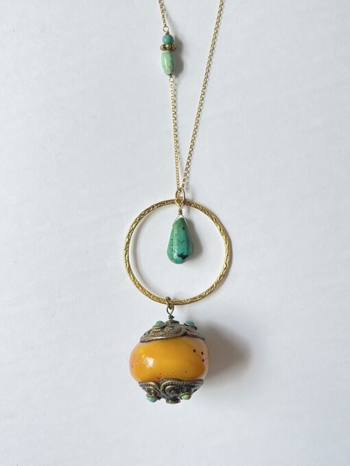 Long Tibetan Amber & Turquoise Necklace - Image 4