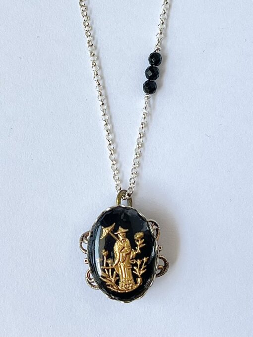 Vintage Intaglio Glass Asian Scene Necklace