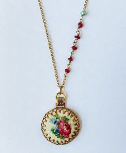 Vintage Embroidered Floral Pendant & Ruby Necklace