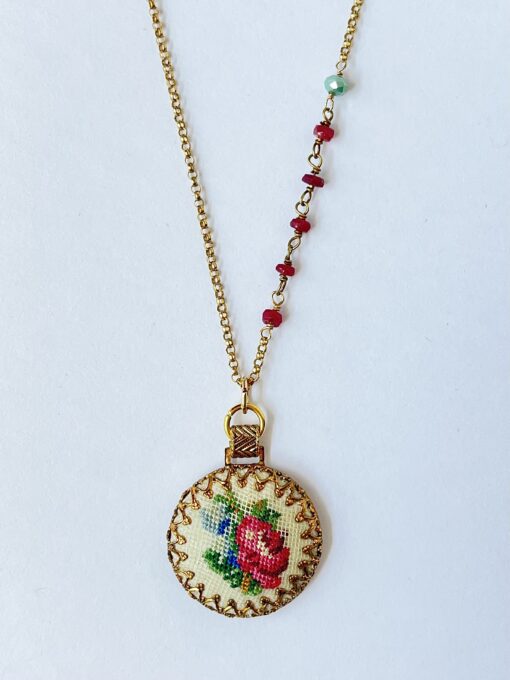 Vintage Embroidered Floral Pendant & Ruby Necklace