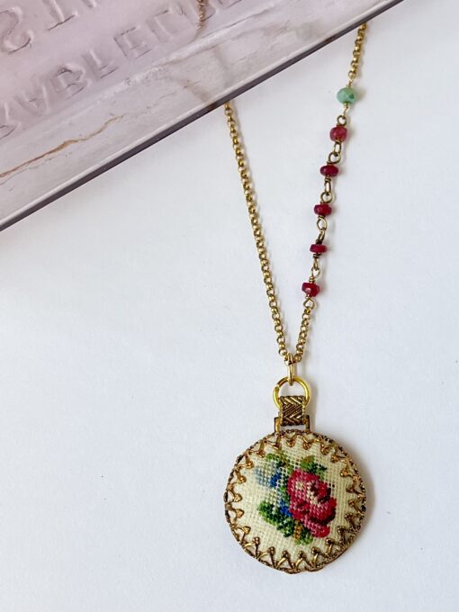 Vintage Embroidered Floral Pendant & Ruby Necklace - Image 2