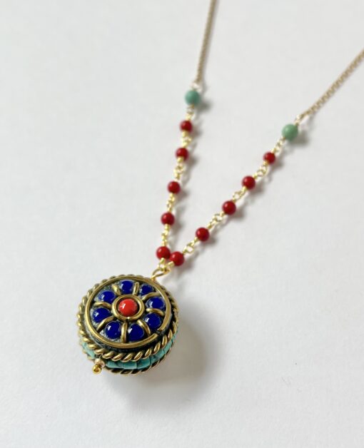 Tibetan Lapis & Coral Gold Necklace - Image 2