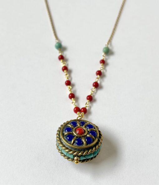 Tibetan Lapis & Coral Gold Necklace - Image 3