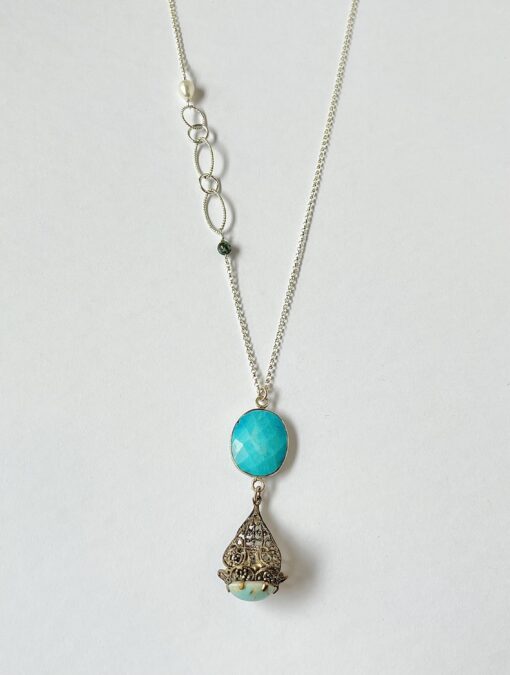 Long Vintage Filigree & Turquoise Silver Necklace