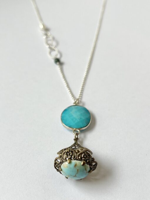 Long Vintage Filigree & Turquoise Silver Necklace - Image 2