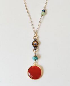 Vintage Italian Floral Mosaic & Carnelian Dangle Necklace