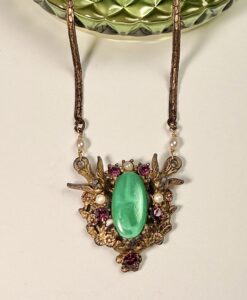 Vintage Birds & Jeweled Floral Pendant Necklace