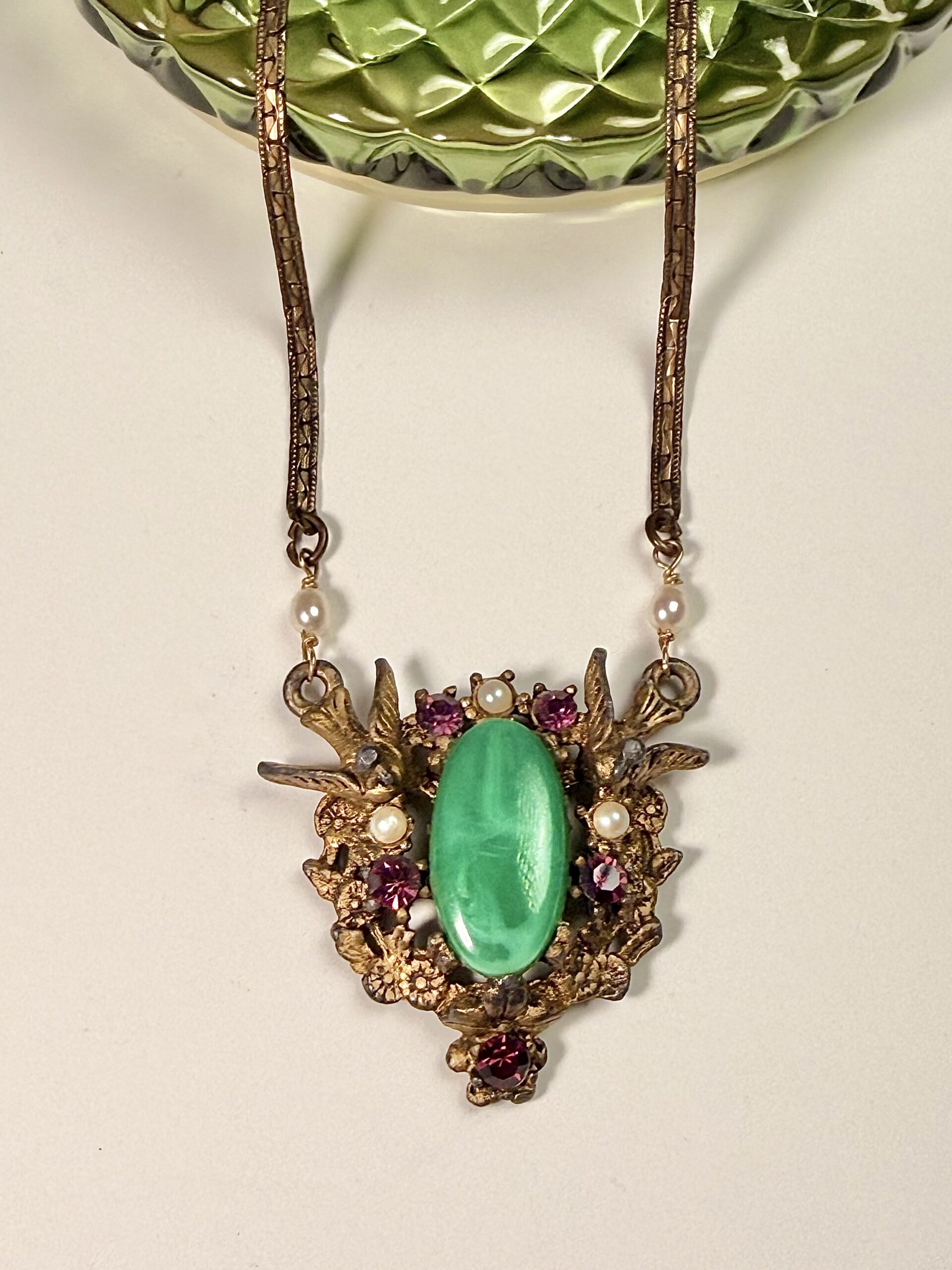 Vintage Birds & Jeweled Floral Pendant Necklace