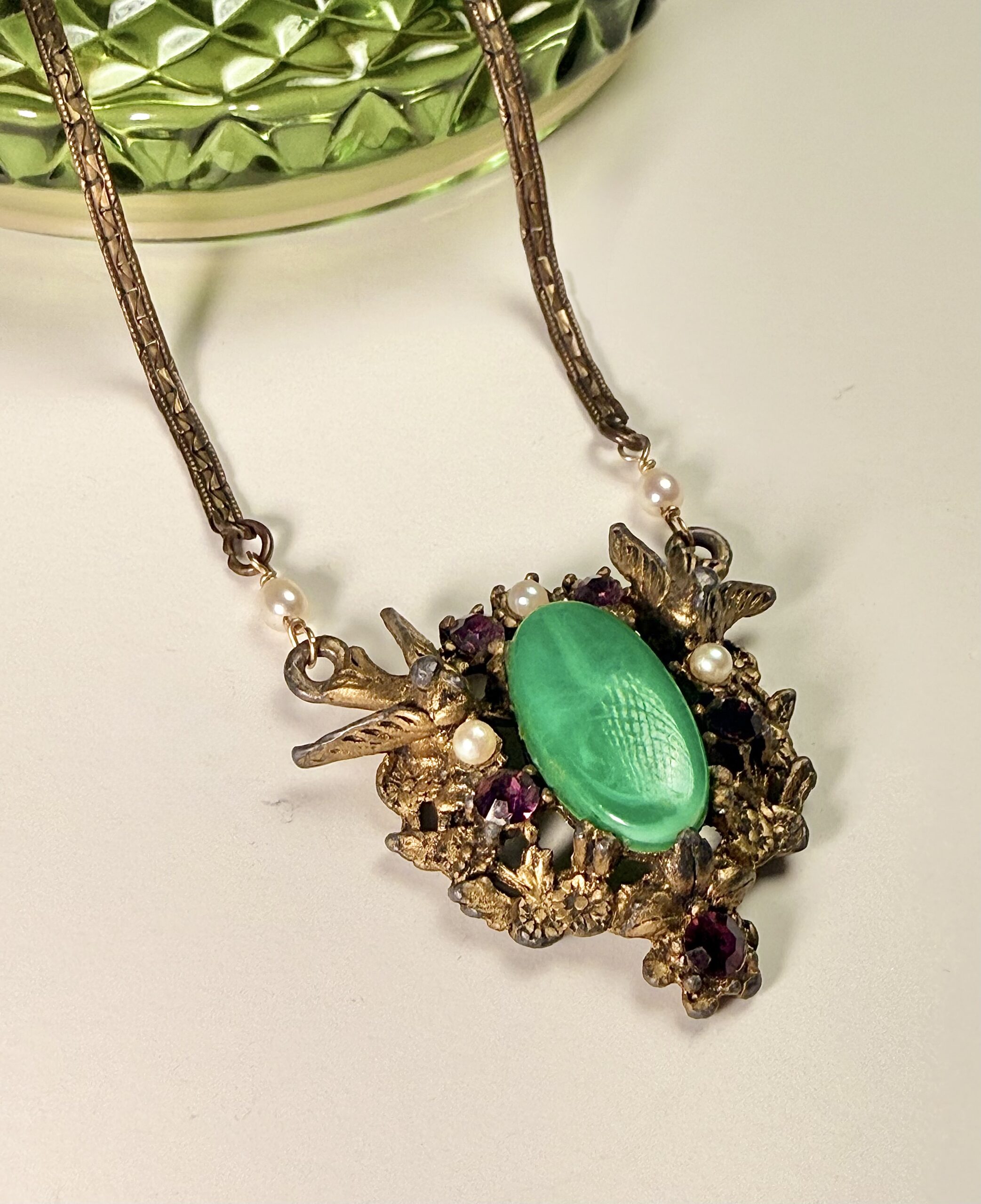 Vintage Birds & Jeweled Floral Pendant Necklace - Image 3