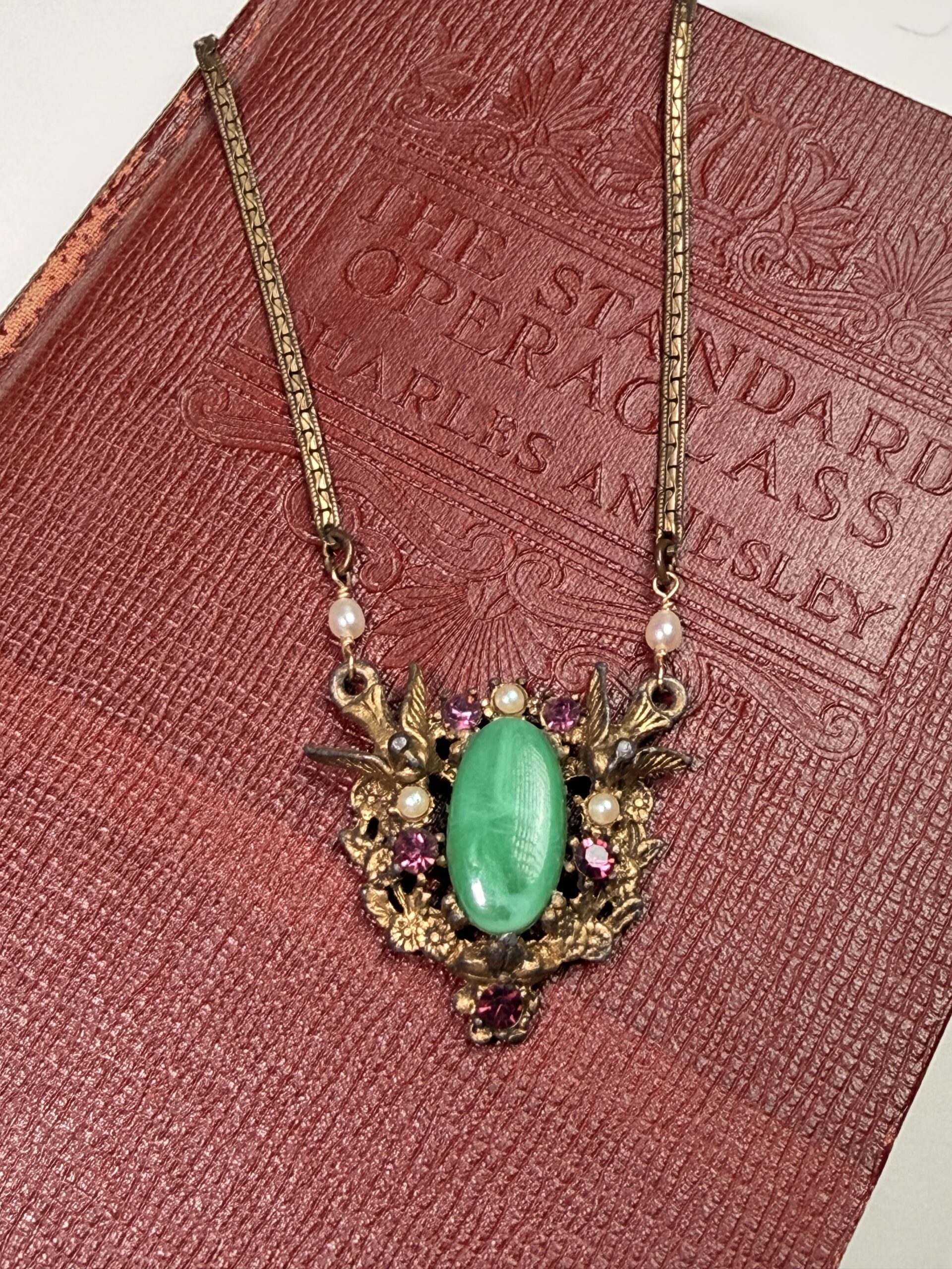 Vintage Birds & Jeweled Floral Pendant Necklace - Image 2